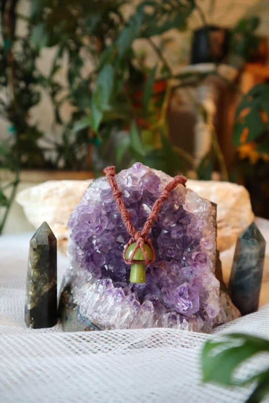 Olive Jade Macramé Mushroom Pendant