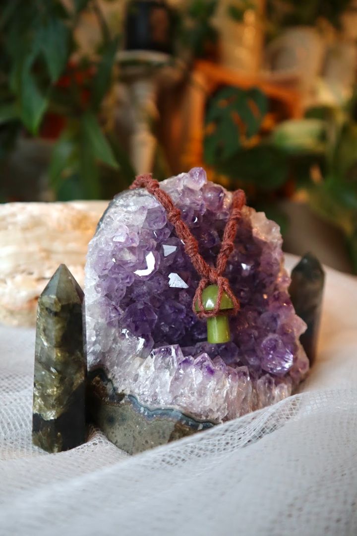 Olive Jade Macramé Mushroom Pendant
