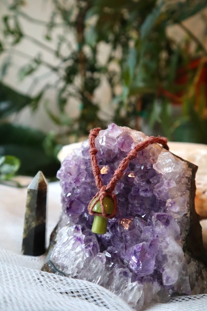 Olive Jade Macramé Mushroom Pendant