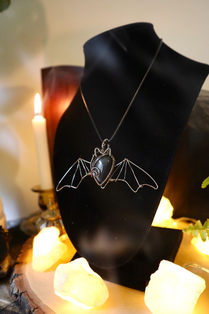 Halloween Collection// Silver Obsidian Bat Pendant