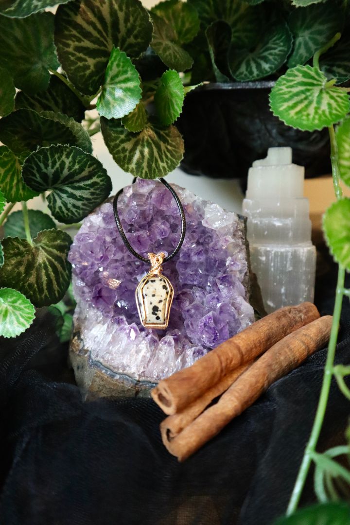 Halloween Collection// Dalmation Jasper Coffin Pendant