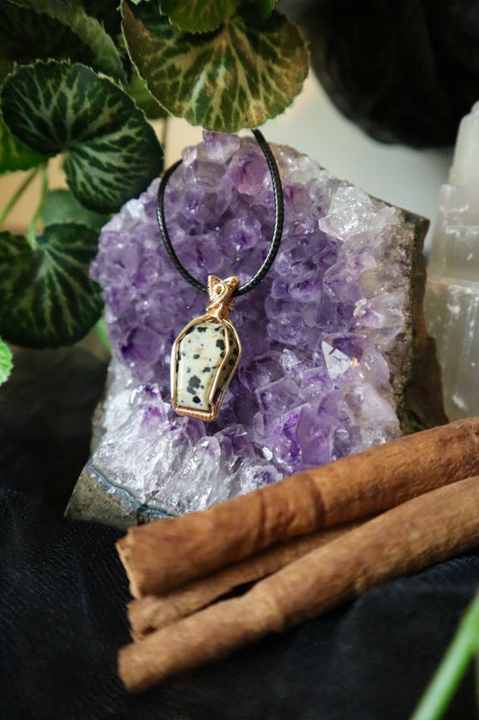 Halloween Collection// Dalmation Jasper Coffin Pendant