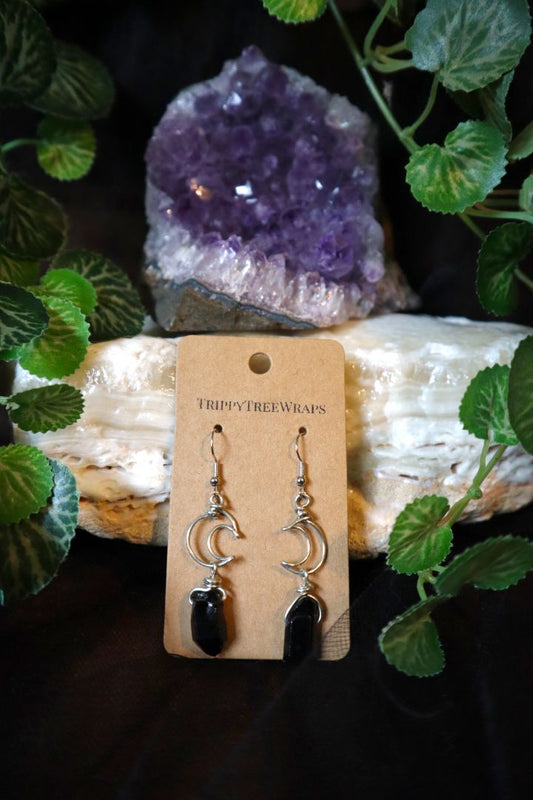 Halloween Collection// Black Obsidian Dangly Moon Earrings