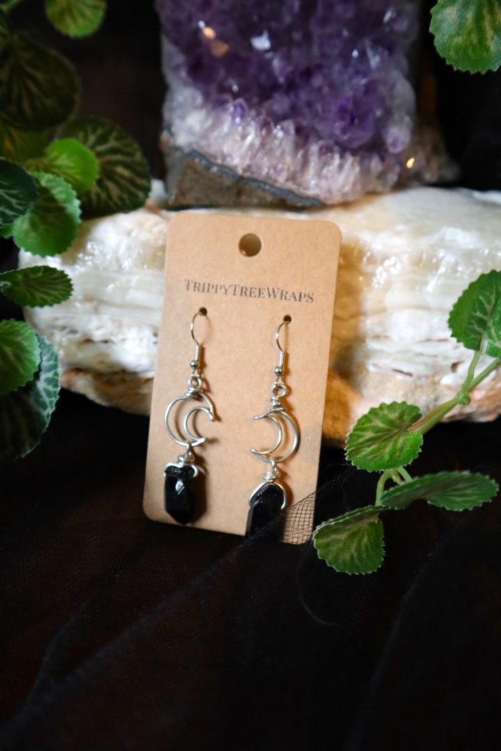 Halloween Collection// Black Obsidian Dangly Moon Earrings