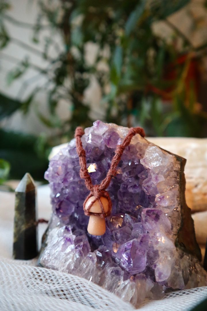 Peach Moonstone Macramé Mushroom Pendant