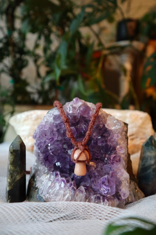 Peach Moonstone Macramé Mushroom Pendant