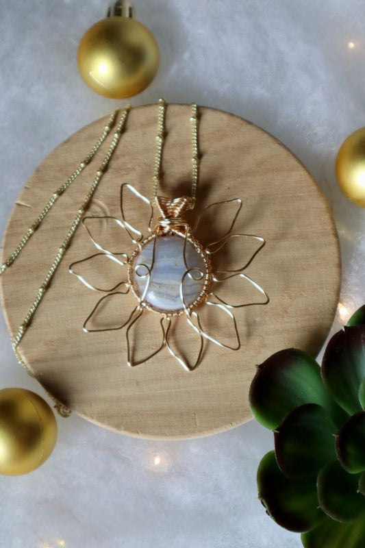Winter Solstice Collection// Blue Lace Agate Sun Pendant